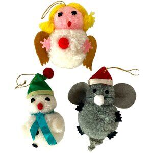 R Dakin 3 Vintage 1976 Christmas Ornaments Pom Pom Yarn Angel Snowman Mouse RARE